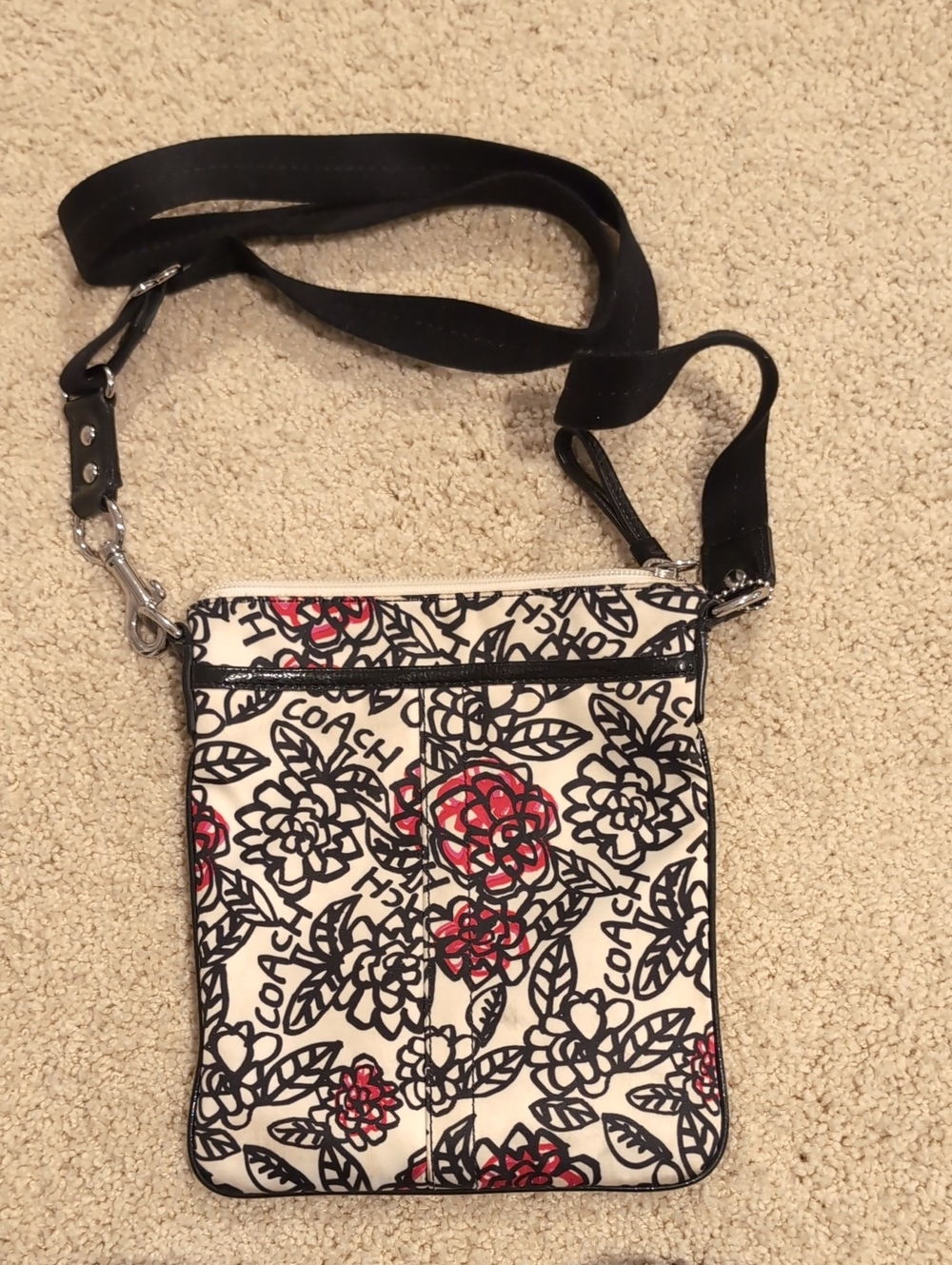 Coach Cream Crossbody with Red Floral Print and Black Strap